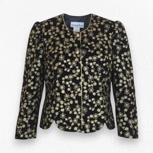 Vintage Black Gold Velvet Floral Embroidered Jacket 80s Evening Blazer Size 14